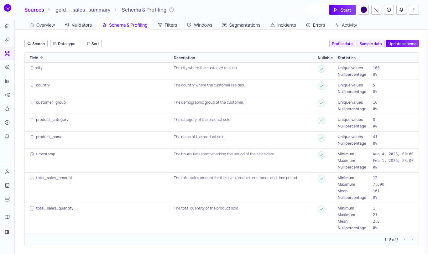The Schema & Profiling tab showing the field list with profiling statistics