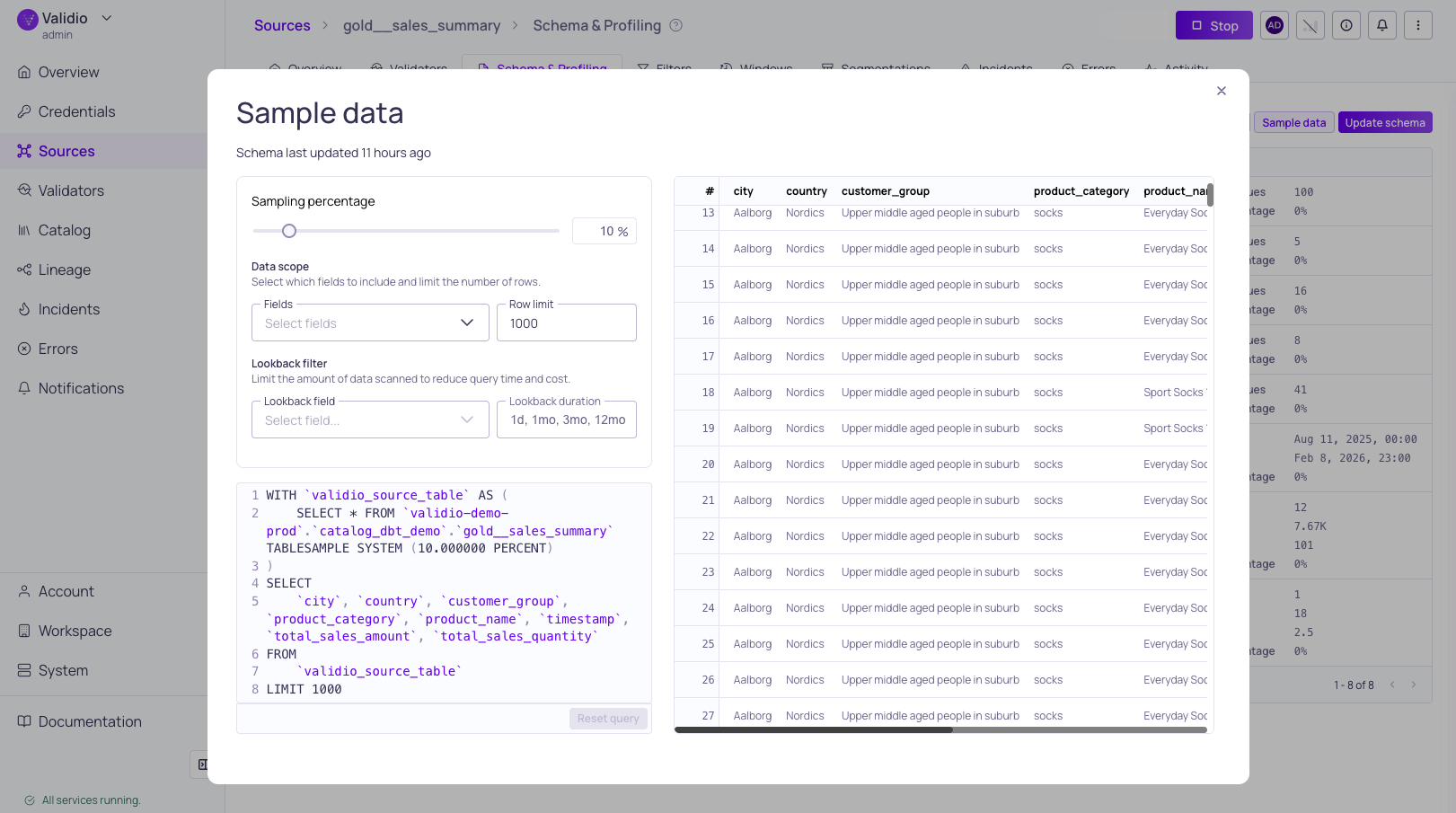 The data sampling configuration dialog and the resulting preview of rows