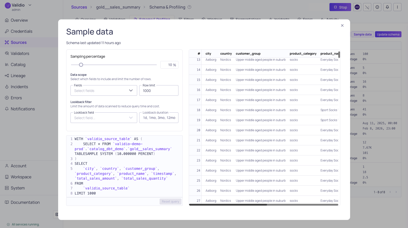 The data sampling configuration dialog and the resulting preview of rows