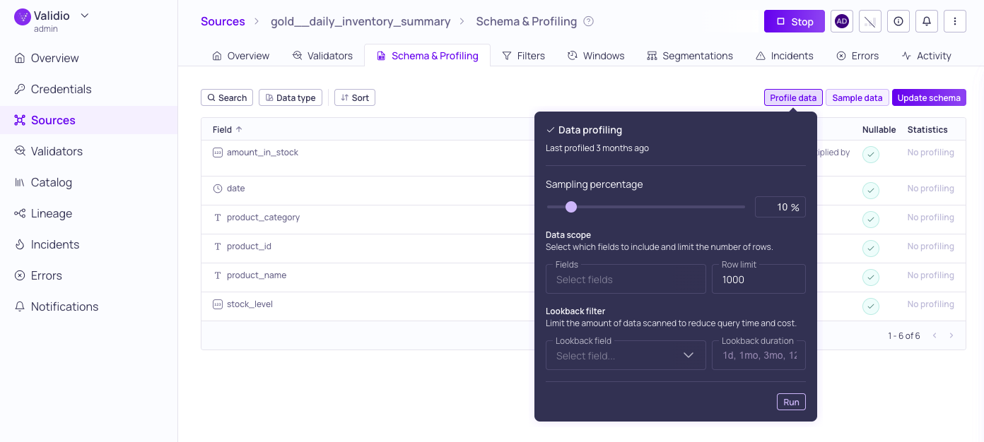 The data profiling configuration dialog with sampling, data scope, and lookback options