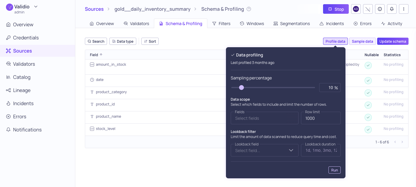 The data profiling configuration dialog with sampling, data scope, and lookback options