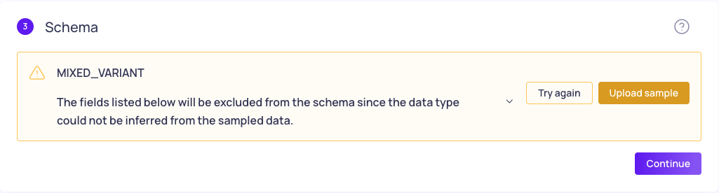 A schema detection error offering the option to upload a sample data file