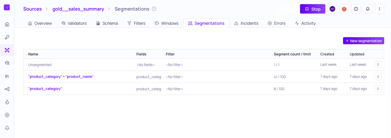 The Segmentations tab of a source listing its configured segmentations