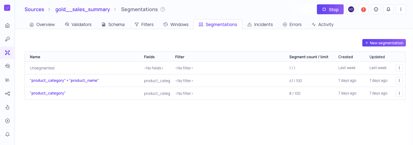 The Segmentations tab of a source listing its configured segmentations