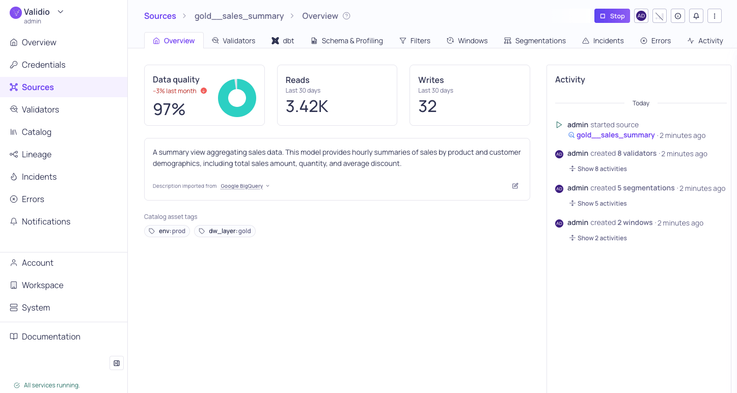 The Overview tab of a source details page, showing the description, data quality score, and activity log