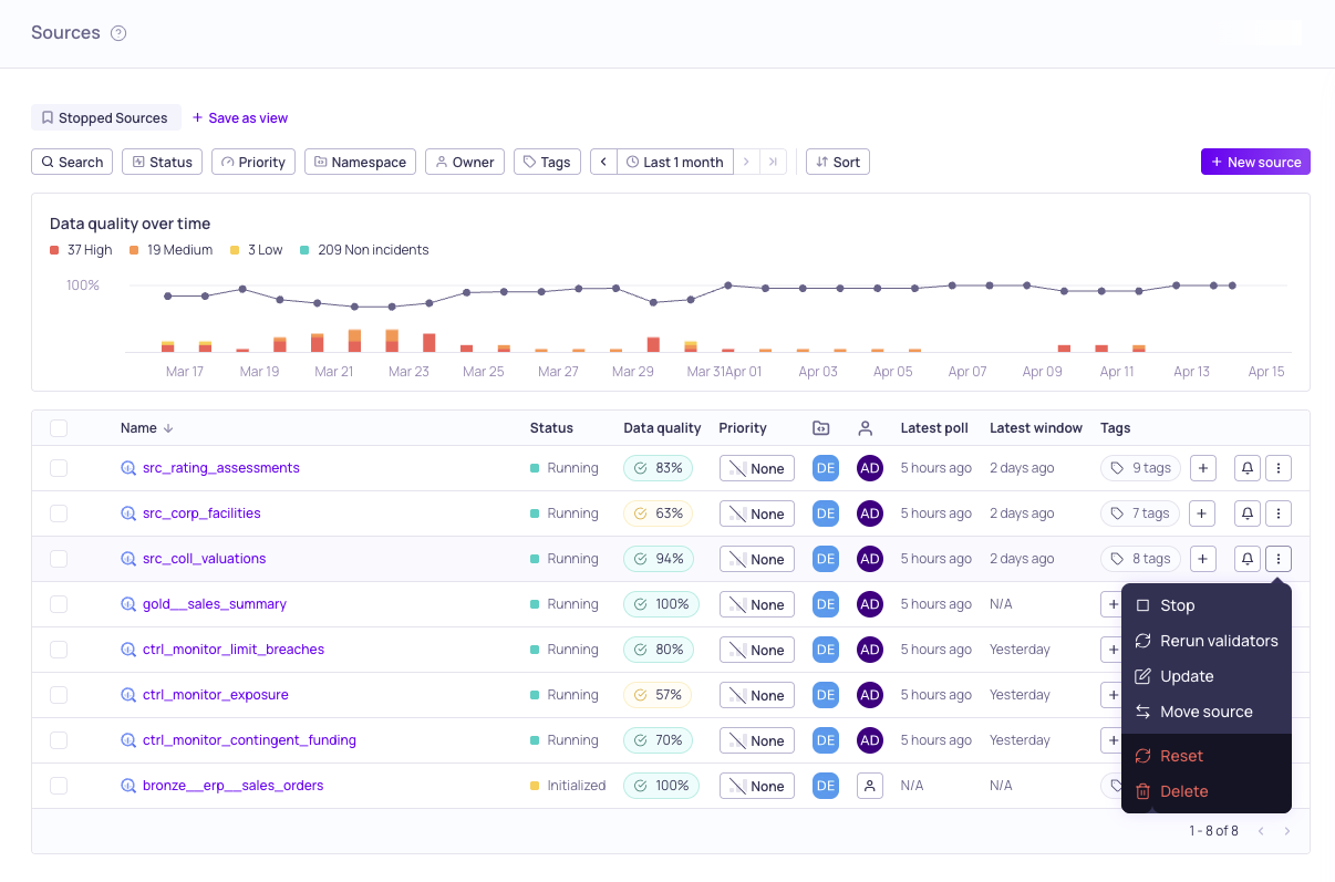 The inline actions menu open on a source row on the global Sources page