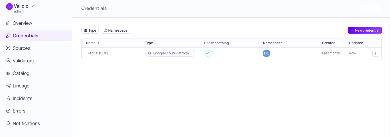 The Credentials page listing the Tutorial (GCP) credential