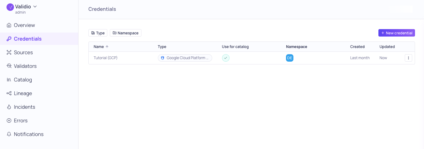 The Credentials page listing the Tutorial (GCP) credential