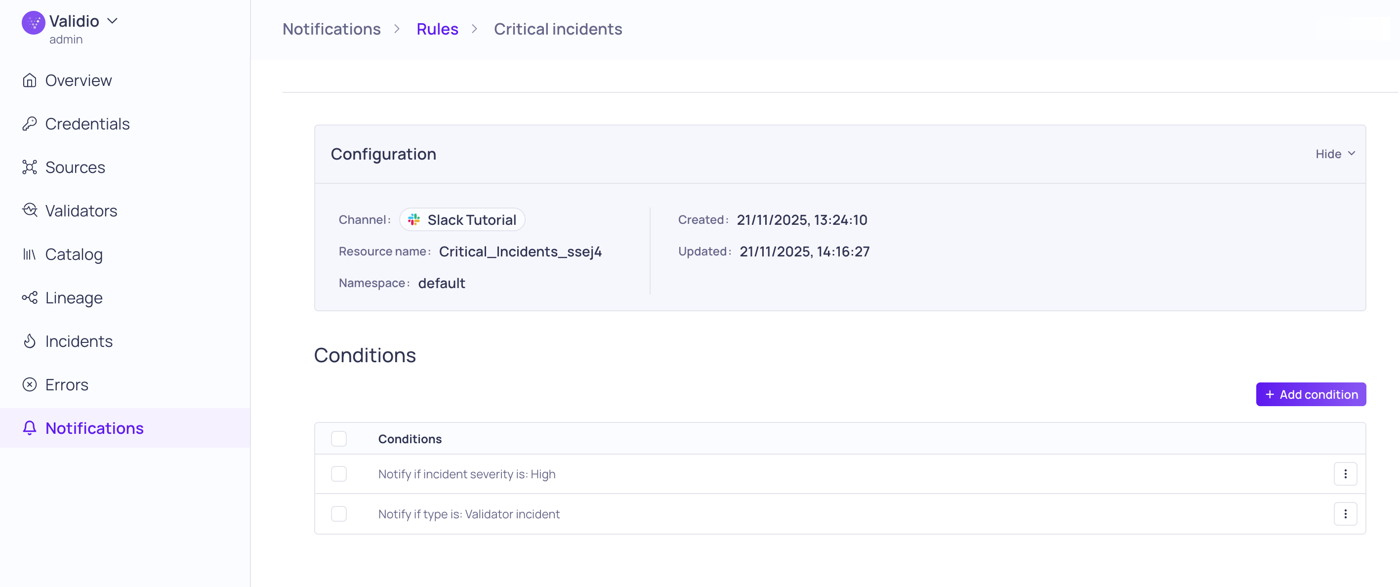 The notification rule configuration with the Type and Severity conditions for Critical Incidents