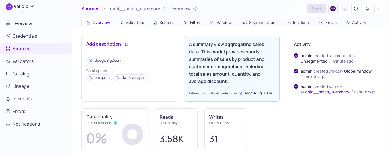 The Overview tab of the gold__sales_summary source