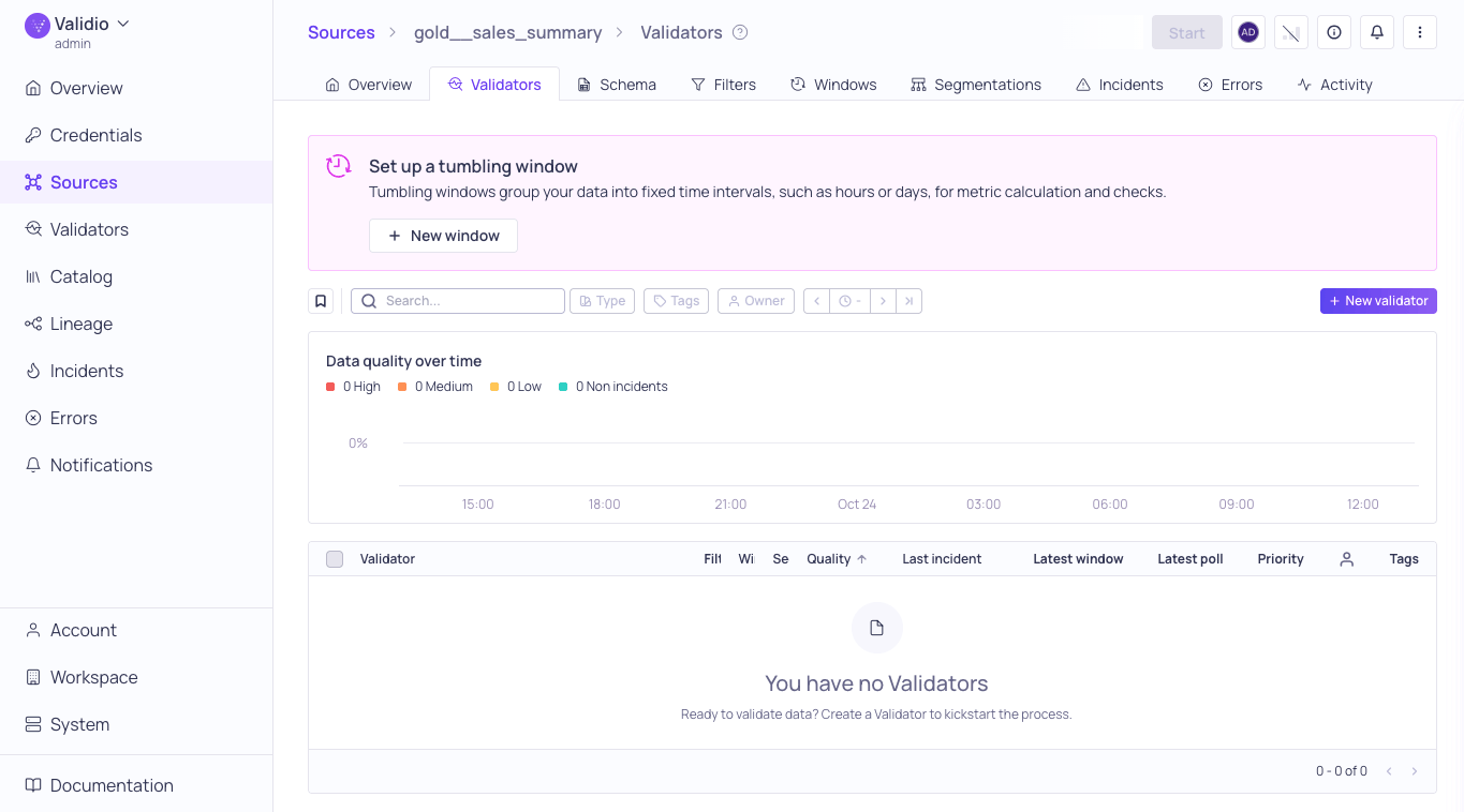 The Validators tab of the source with no validators configured and the source not started