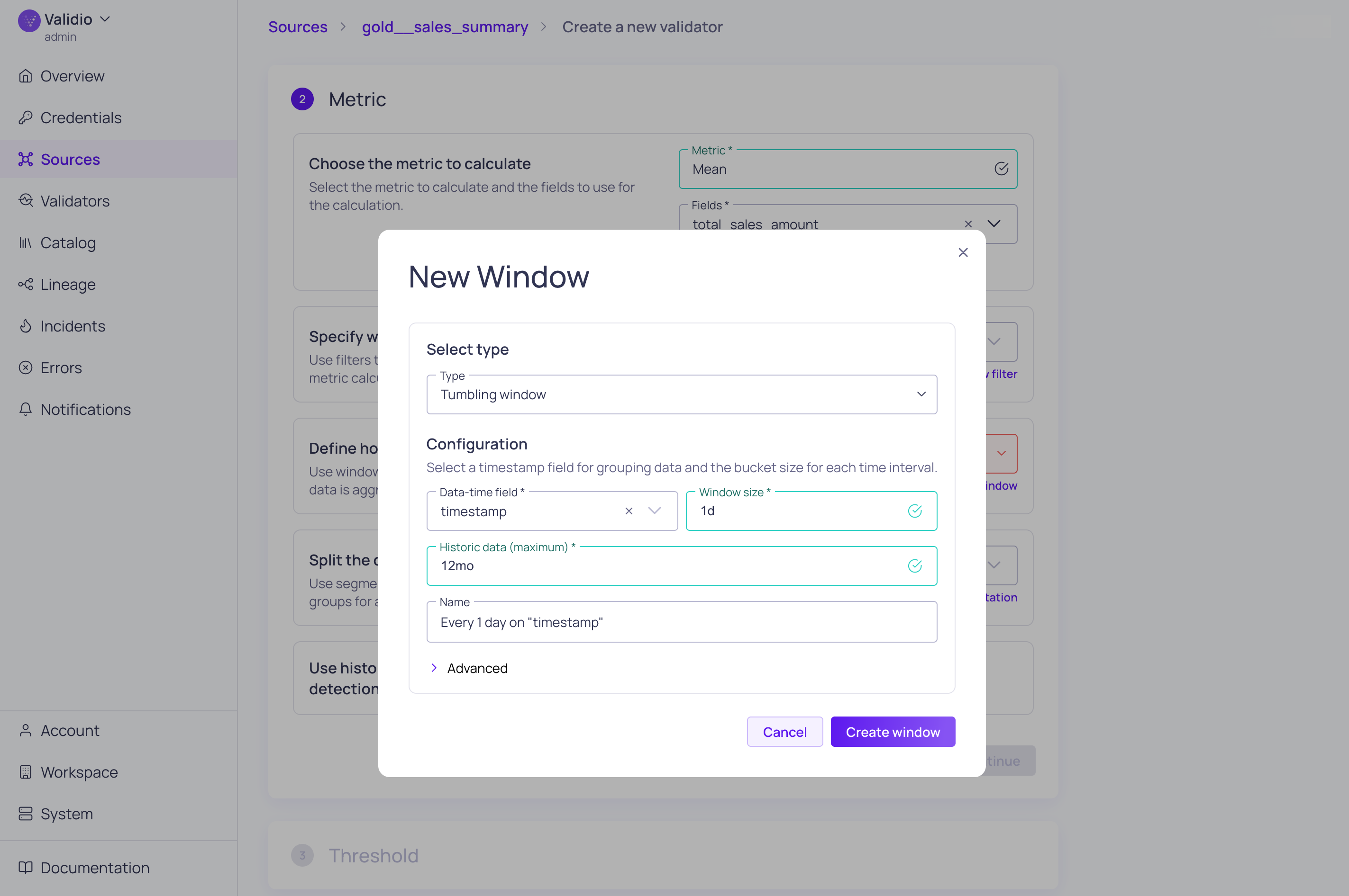 The new tumbling window dialog configured for every 1 day on the timestamp field