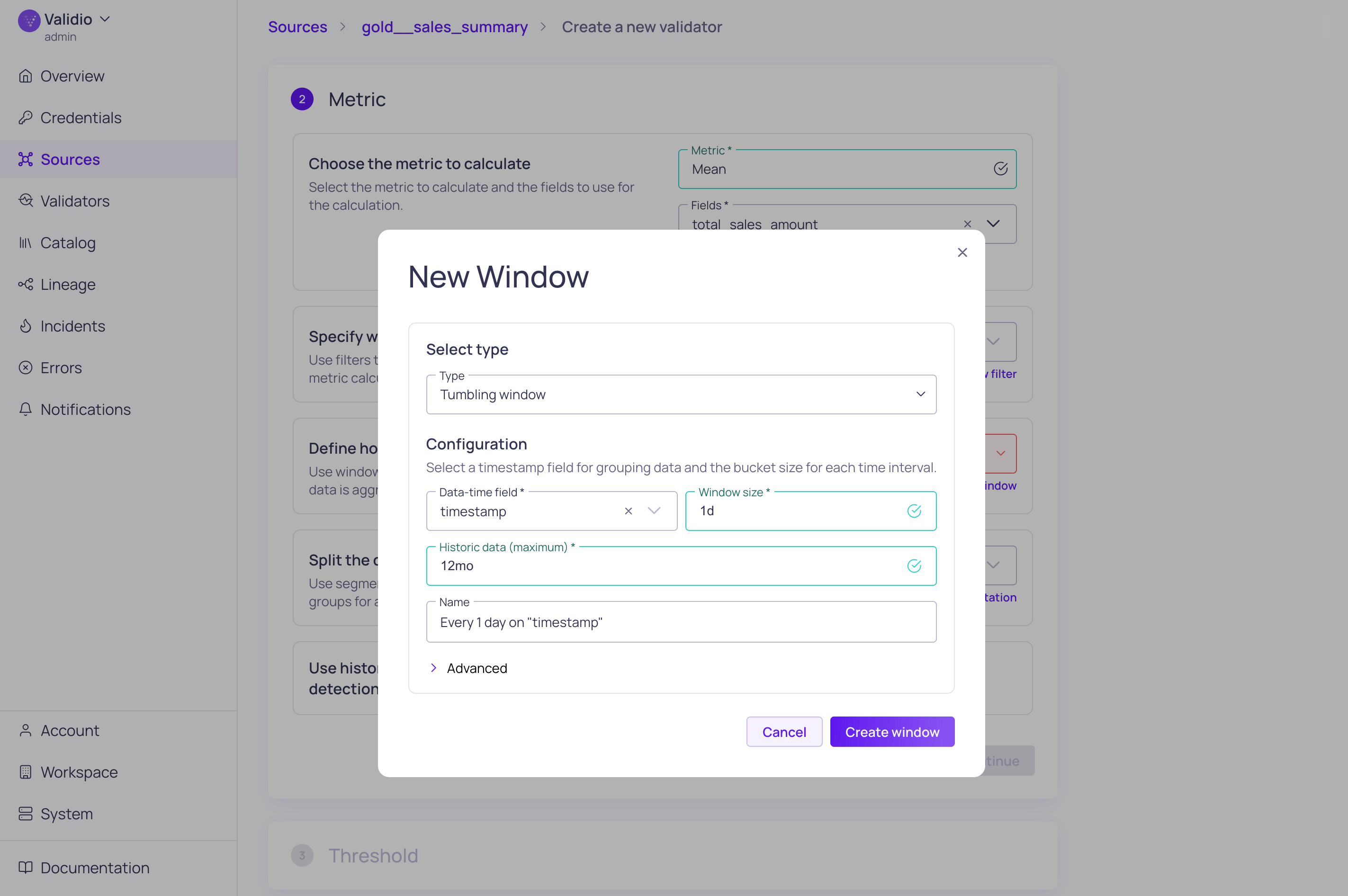 The new tumbling window dialog configured for every 1 day on the timestamp field