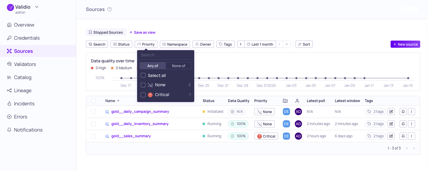 Search and filtering options on the Sources page