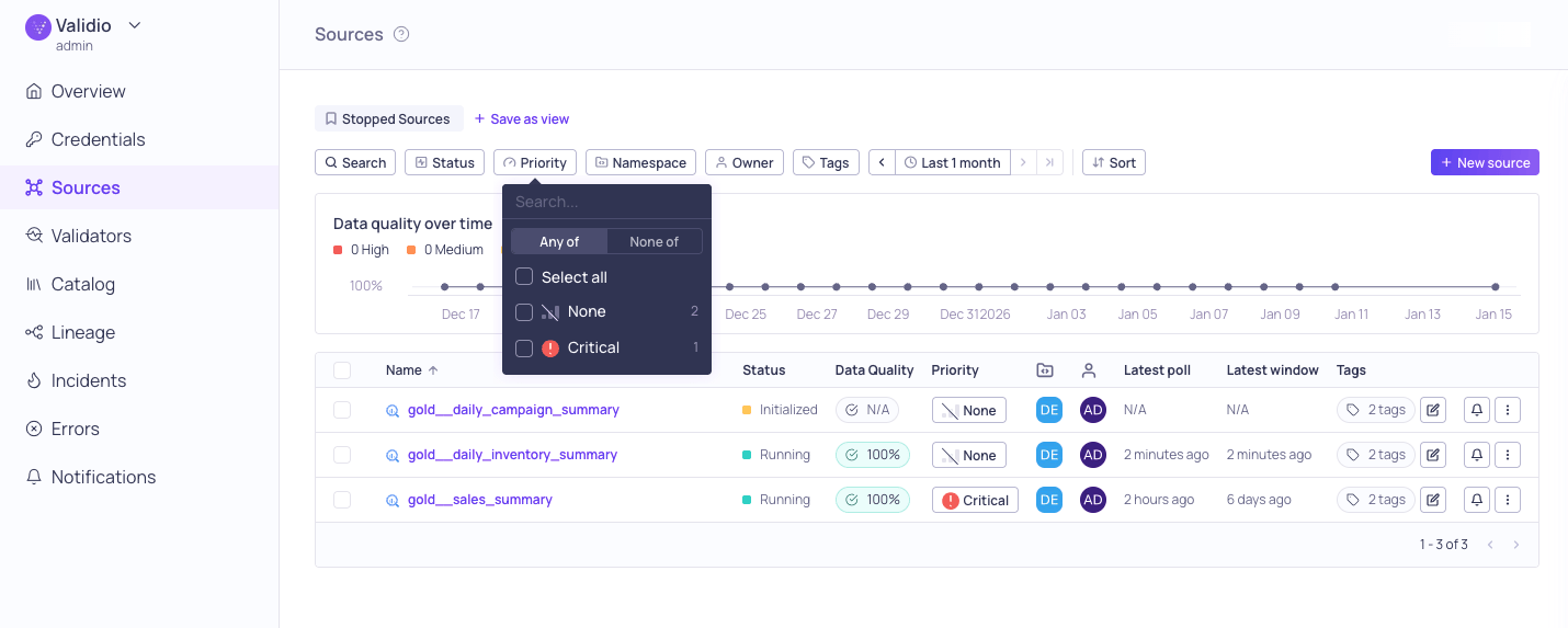 Search and filtering options on the Sources page
