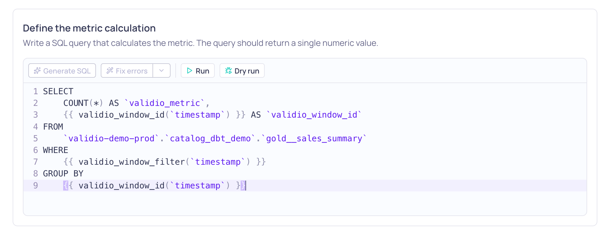 The Custom SQL query text field in the validator configuration wizard