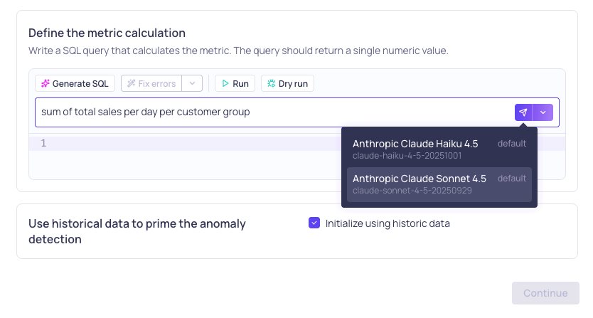 The LLM credential picker shown when generating a Custom SQL validator query