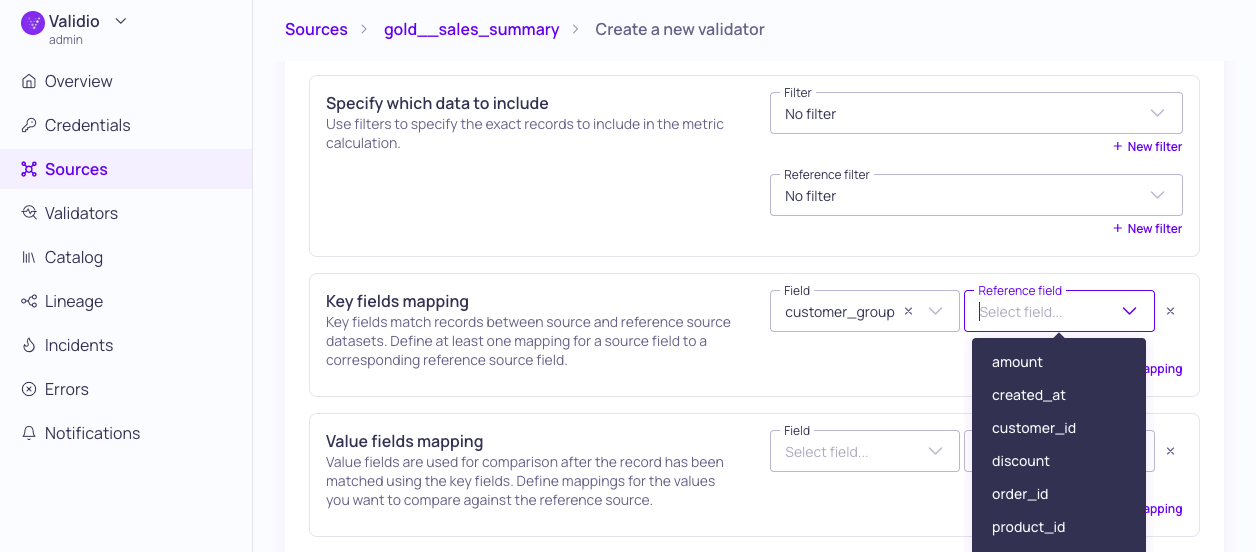 The field mapping step of a Referential Integrity validator, pairing source fields with reference fields