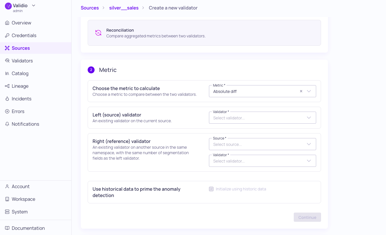 The Metric step of the validator configuration wizard for a Reconciliation validator