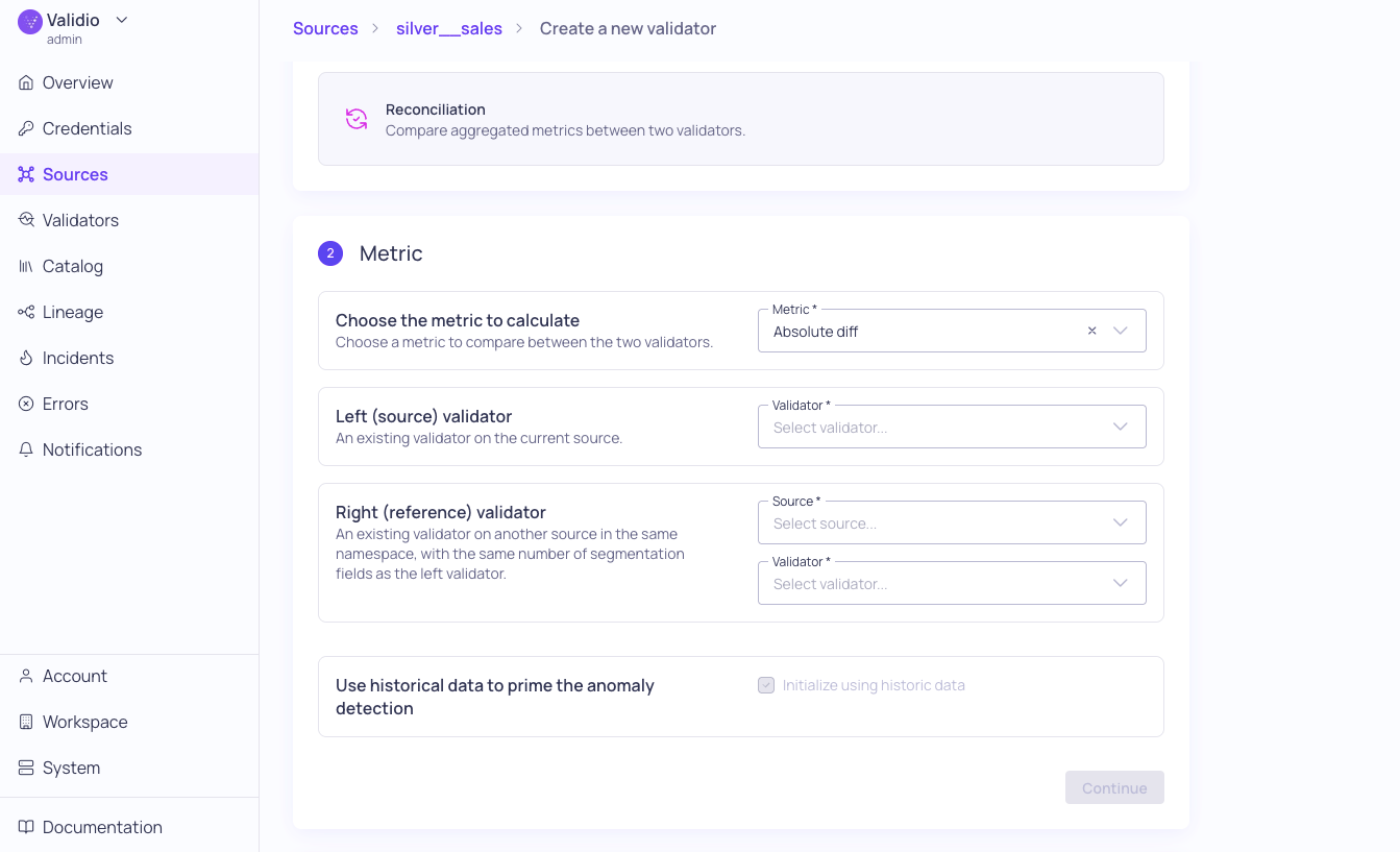The Metric step of the validator configuration wizard for a Reconciliation validator