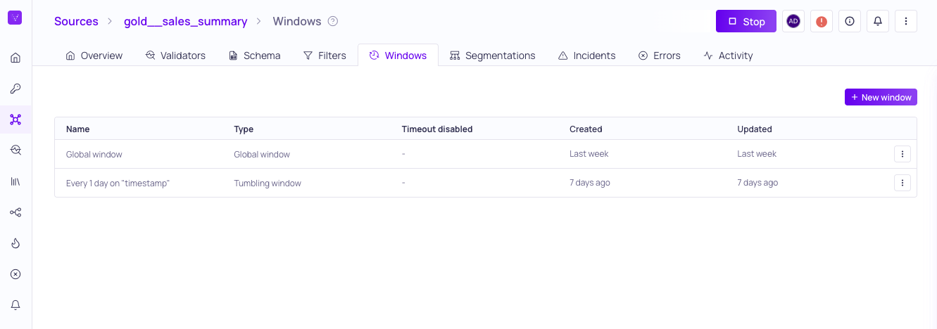 The Windows tab of a source listing its configured windows