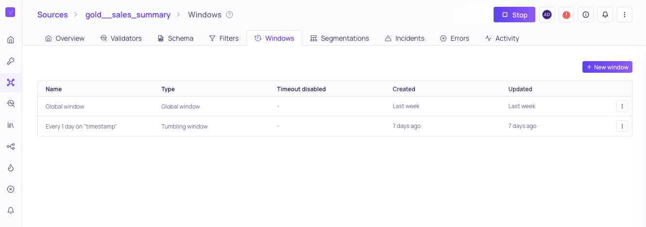 The Windows tab of a source listing its configured windows