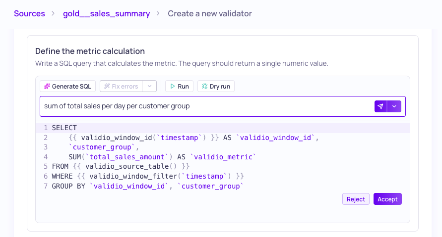 A generated SQL query shown in the validator editor with accept and reject actions