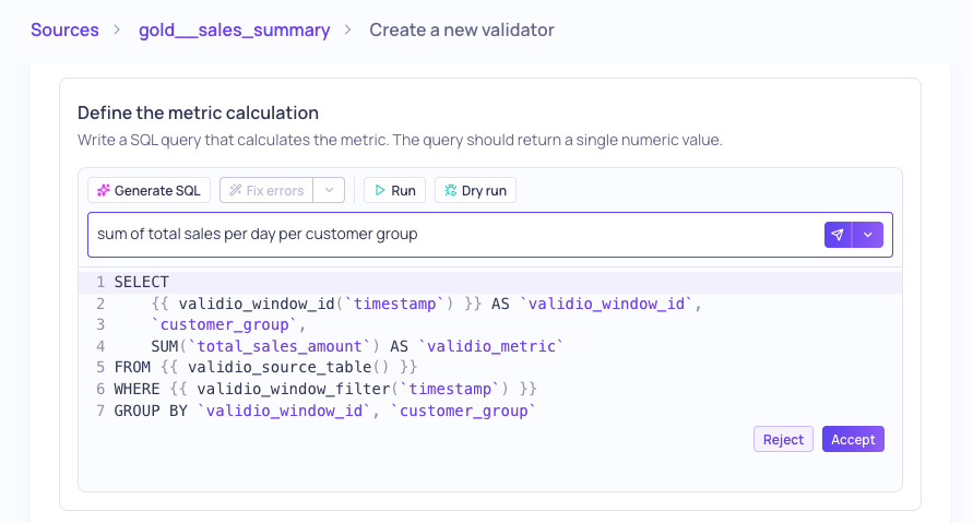 A generated SQL query shown in the validator editor with accept and reject actions