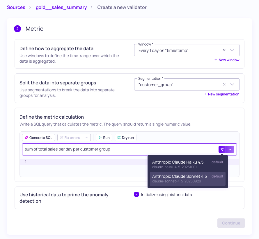 The Custom SQL validator editor with the LLM credential selector open
