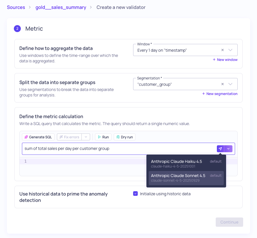 The Custom SQL validator editor with the LLM credential selector open
