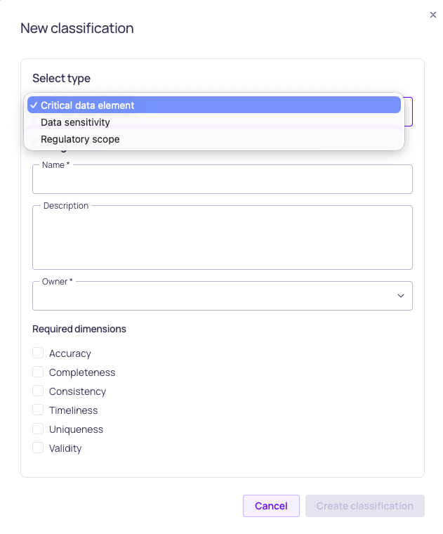 The new classification dialog with the type selector and type-specific fields