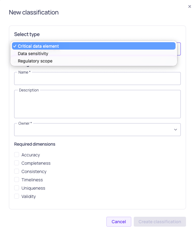 The new classification dialog with the type selector and type-specific fields