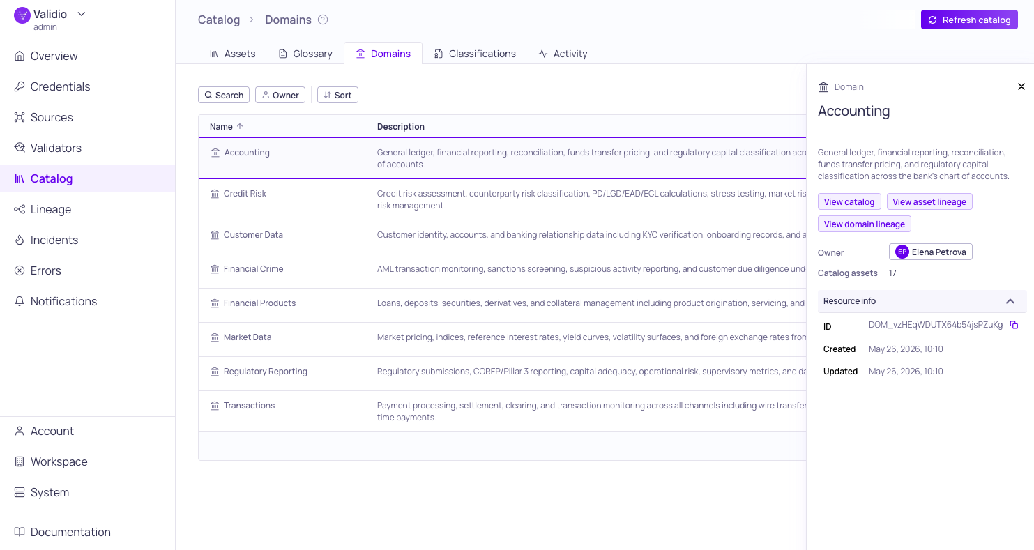 The domain sidebar showing the Accounting domain's description, linked resources, and resource info