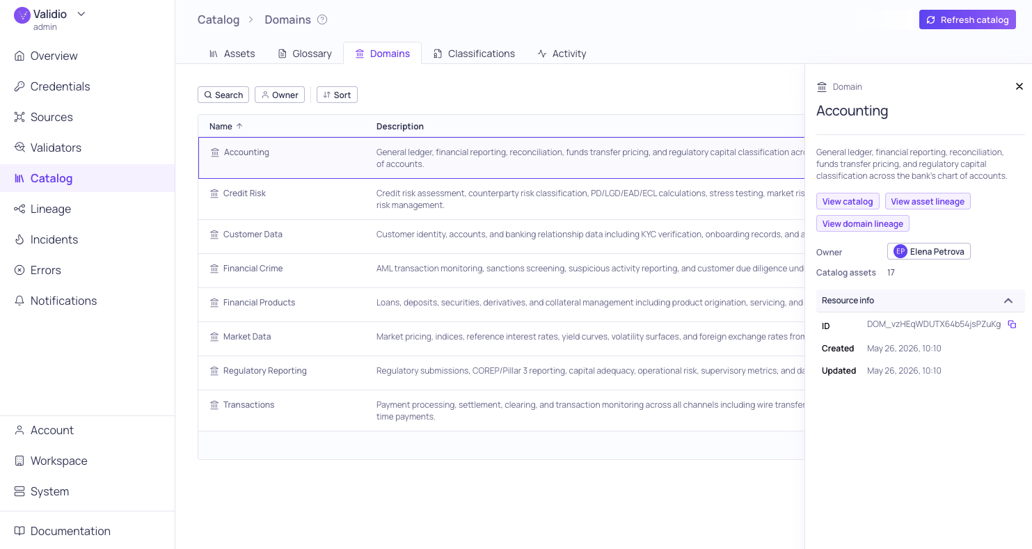 The domain sidebar showing the Accounting domain's description, linked resources, and resource info