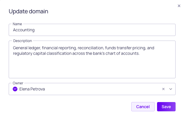 The update domain dialog with fields for name, description, and owner