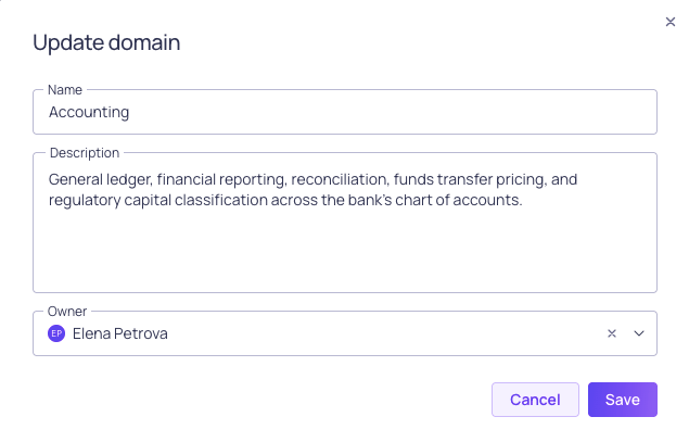 The update domain dialog with fields for name, description, and owner