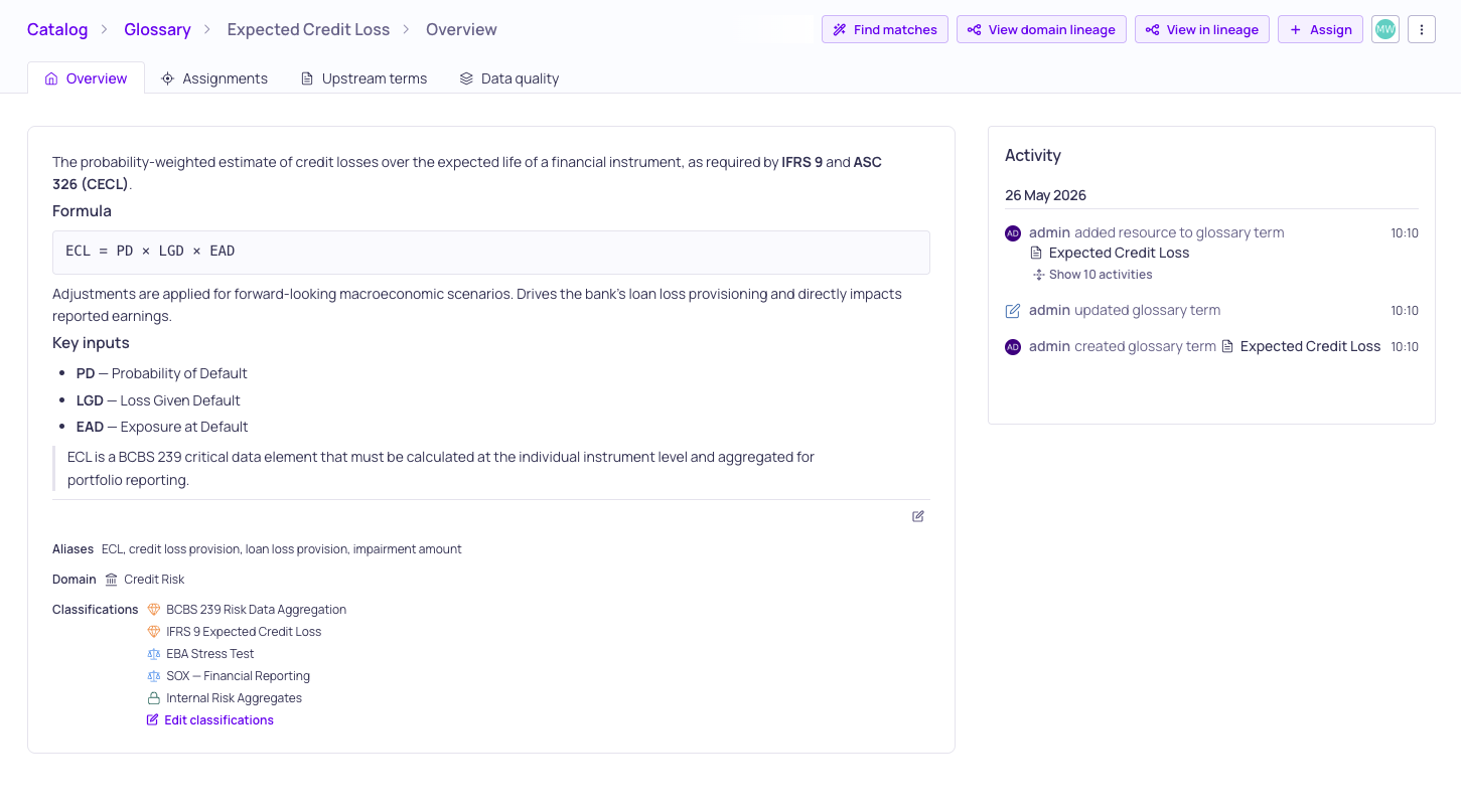 The glossary term details page with the Overview, Data quality, Assignments, and Upstream terms tabs