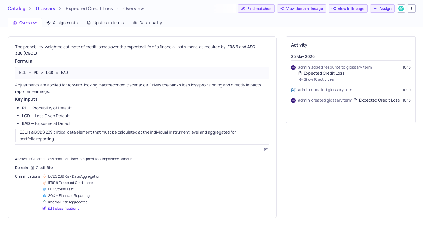 The glossary term details page with the Overview, Data quality, Assignments, and Upstream terms tabs