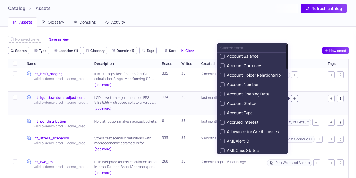 The term assignment popover open on the Glossary column of the assets table