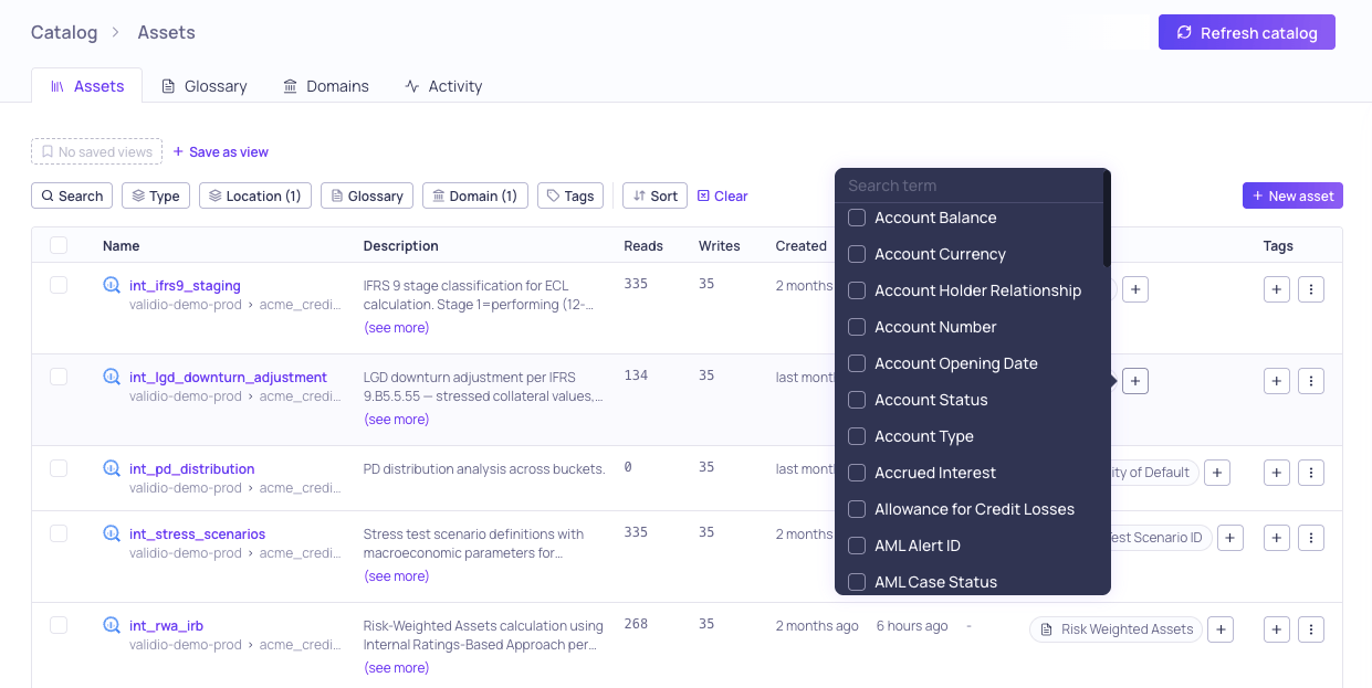 The term assignment popover open on the Glossary column of the assets table
