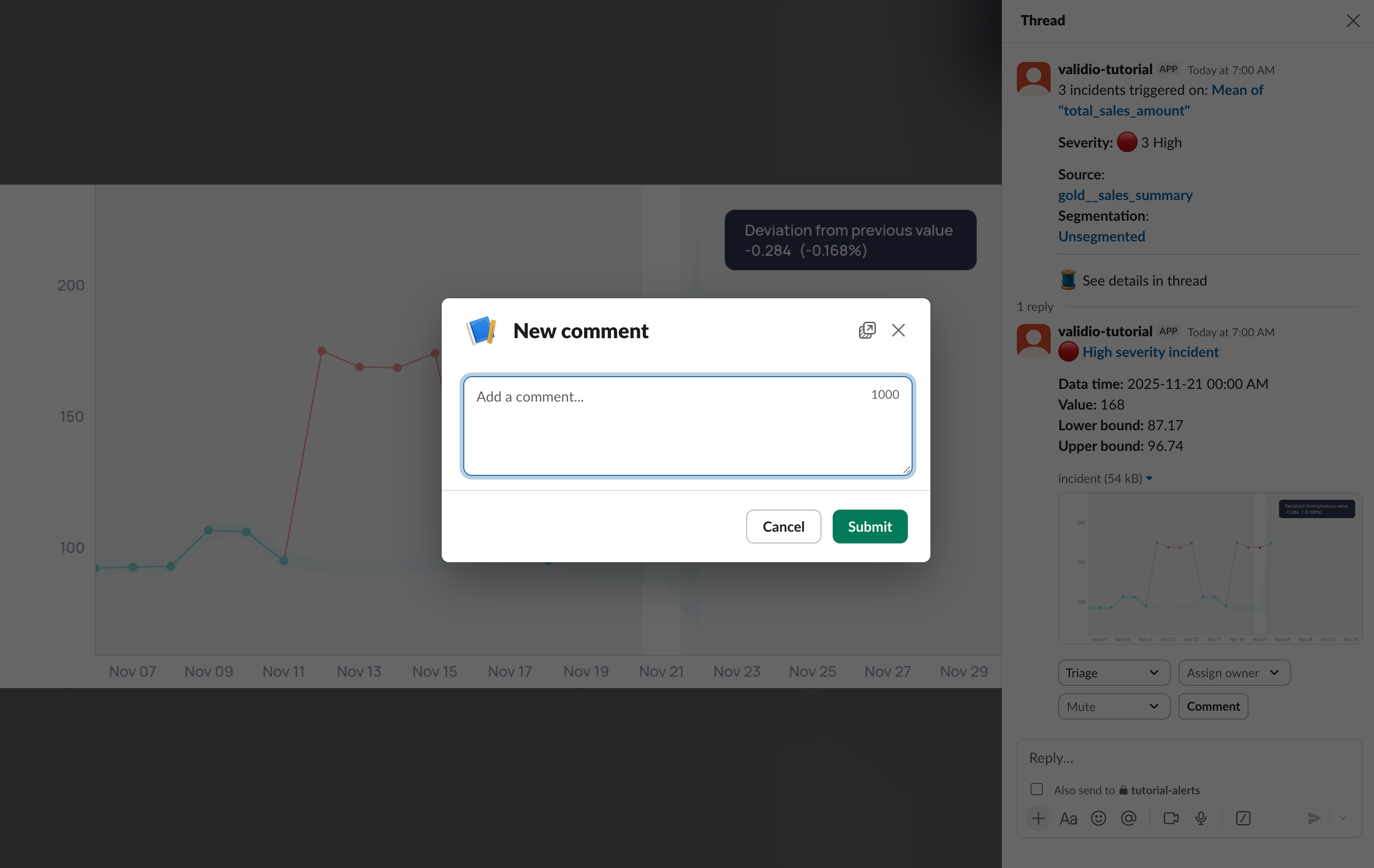 A Slack notification thread where a reply is added as a comment on the incident