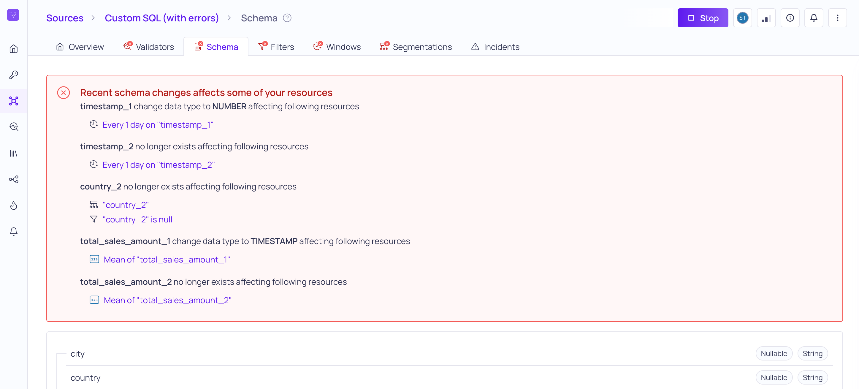 The Schema tab of a source, listing detected schema change errors