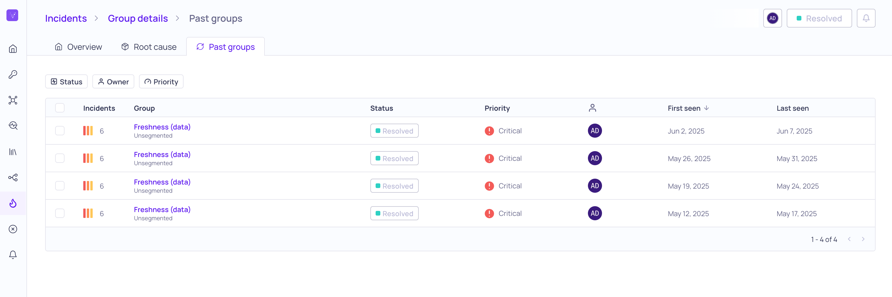 The Past groups tab of an incident group, listing earlier groups for the same validator