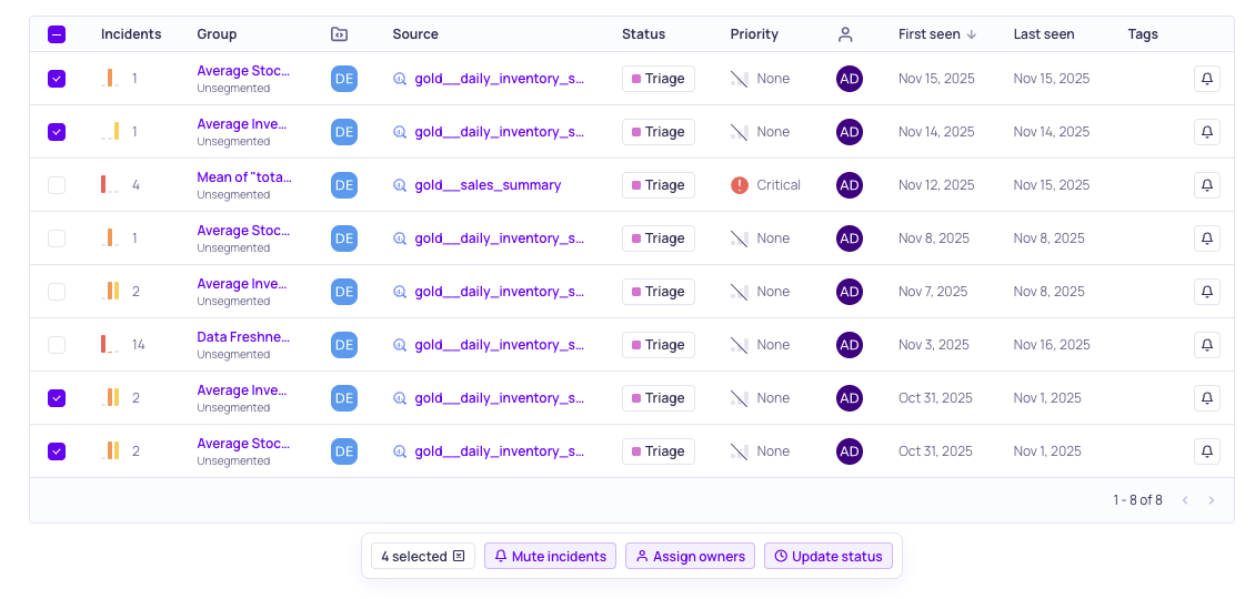 The Incidents list with several incidents selected and the bulk actions menu shown