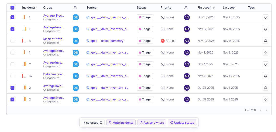The Incidents list with several incidents selected and the bulk actions menu shown
