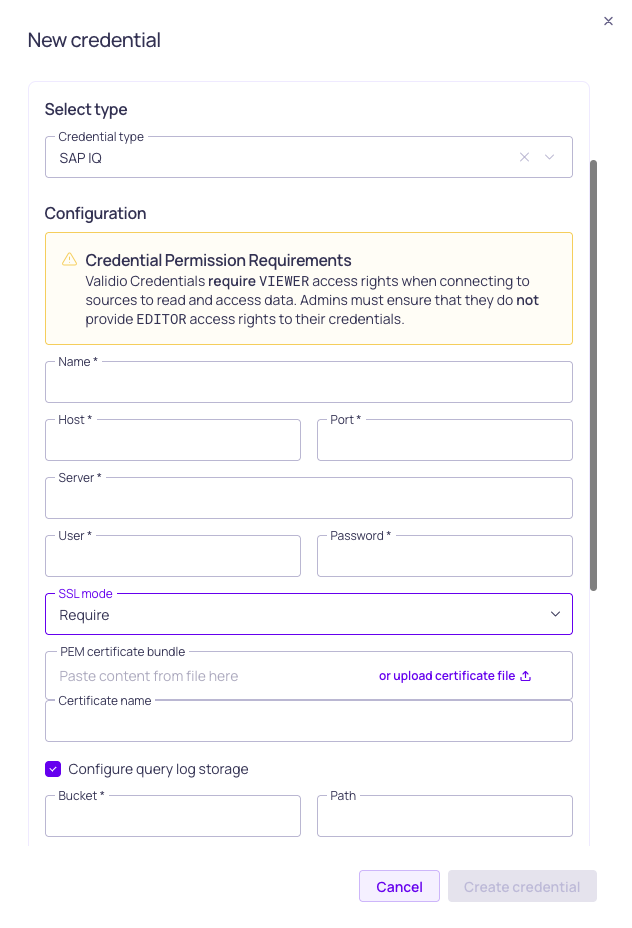 The SAP IQ credential configuration form, showing host, port, server, user, password, and SSL mode fields