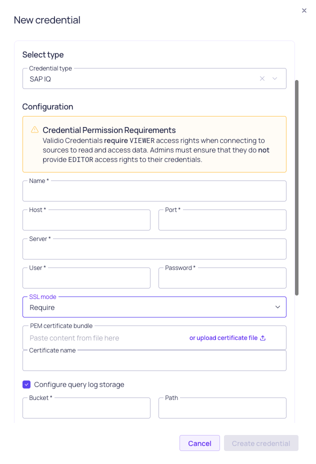 The SAP IQ credential configuration form, showing host, port, server, user, password, and SSL mode fields