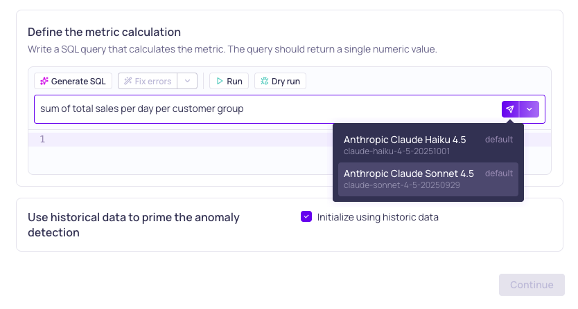 The SQL generation dialog with an LLM credential and model selected
