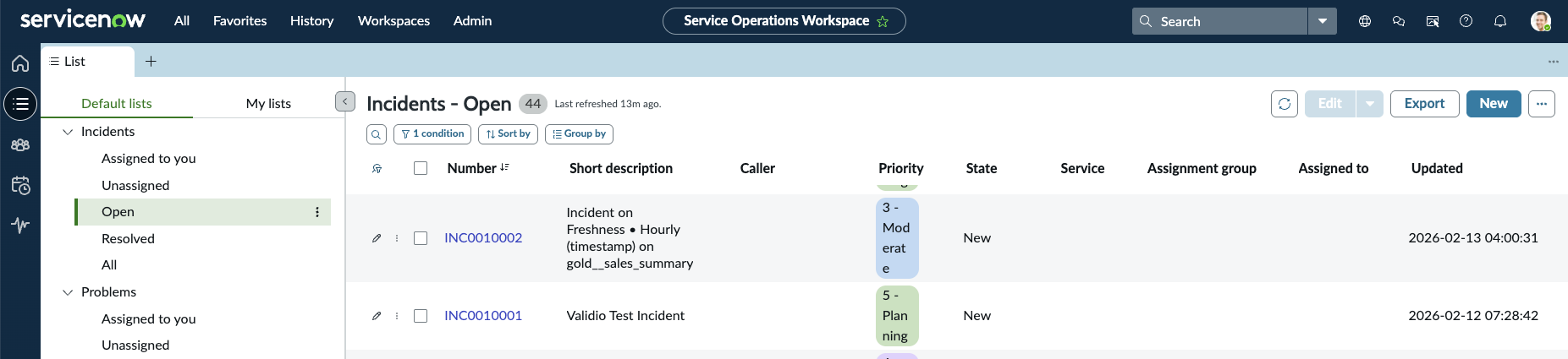 The ServiceNow Service Operations Workspace listing open incidents created by Validio