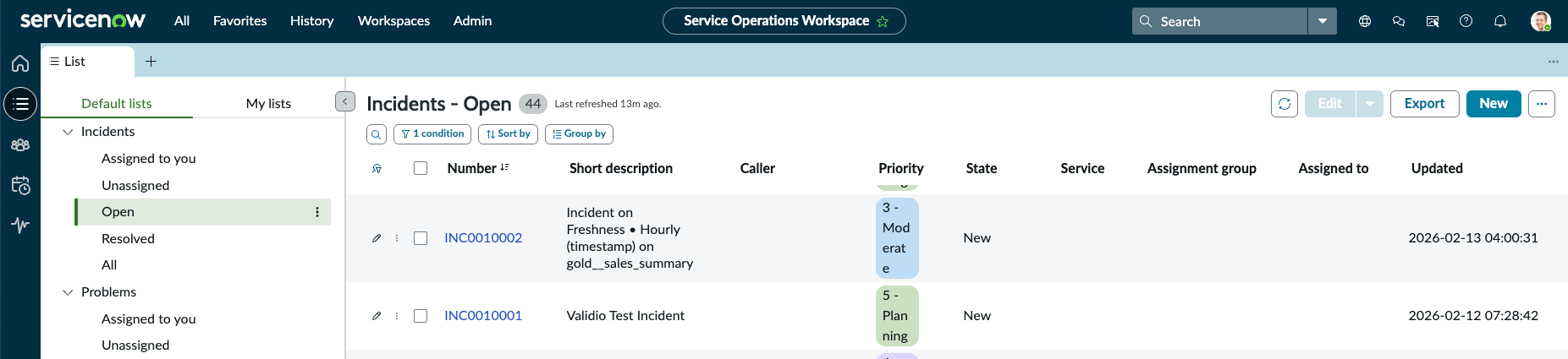 The ServiceNow Service Operations Workspace listing open incidents created by Validio